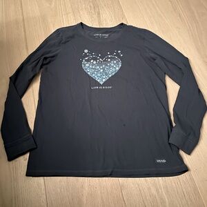 Life is Good Women's Large Heart Crusher Long Sleeve Tee Blue Cotton